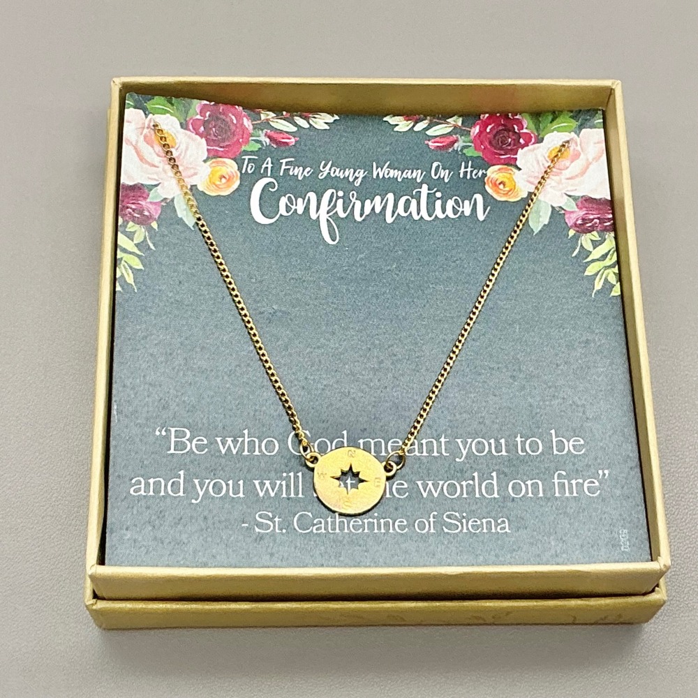 Dear Ava Confirmation Necklace Gold Tone Compass Pendant St Catherine Siena